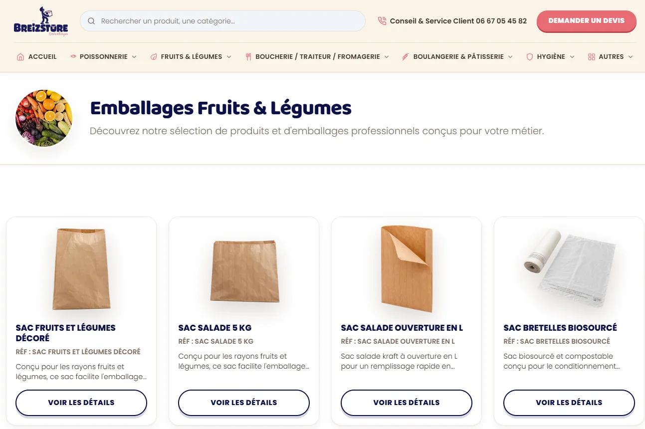 Page catégorie « Emballages Fruits & Légumes » du site Breizstore : sacs kraft, sac salade et sac bretelles biosourcé en fiches produits, avec la recherche et la demande de devis en haut de page