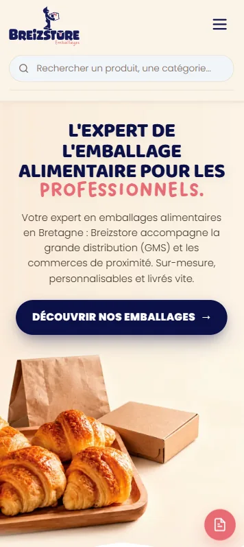 Page d’accueil du site Breizstore Emballages sur mobile : « L’expert de l’emballage alimentaire pour les professionnels », site conçu par l’agence web Dariona
