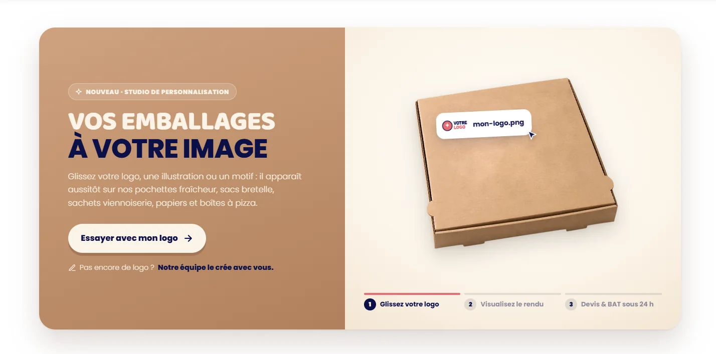 Studio de personnalisation du site Breizstore : glisser son logo pour le voir sur une boîte à pizza, puis demander un devis et un BAT sous 24 h