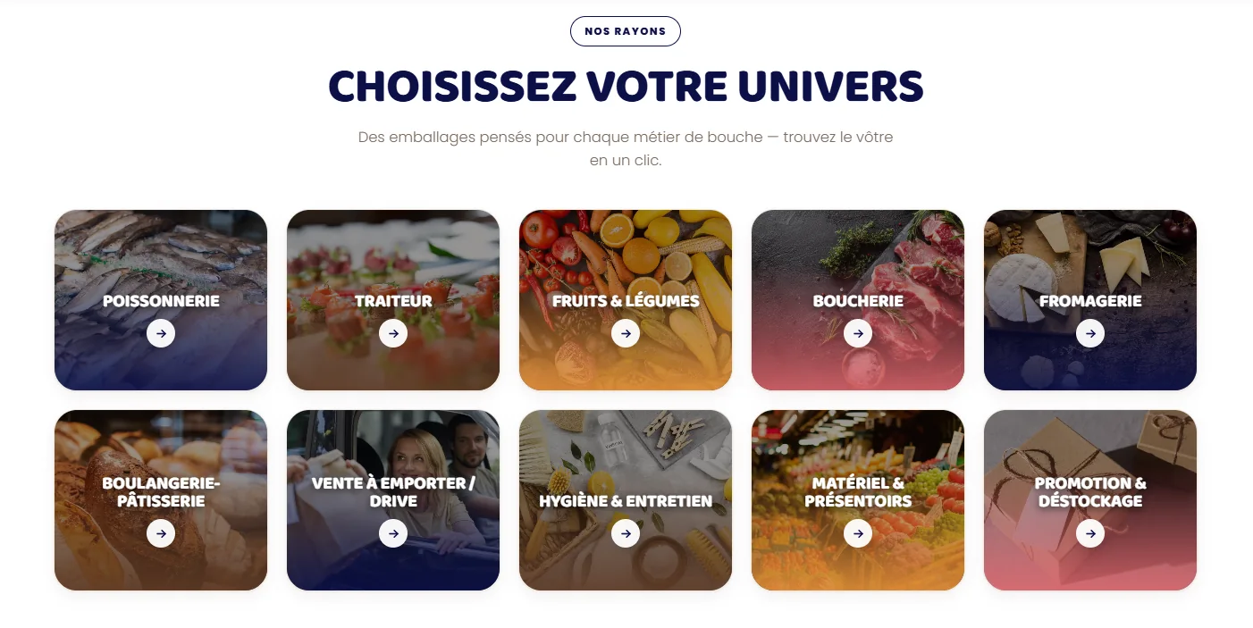 Section « Choisissez votre univers » du site Breizstore : dix rayons métiers (poissonnerie, traiteur, boucherie, boulangerie…) en cartes photo, webdesign Dariona