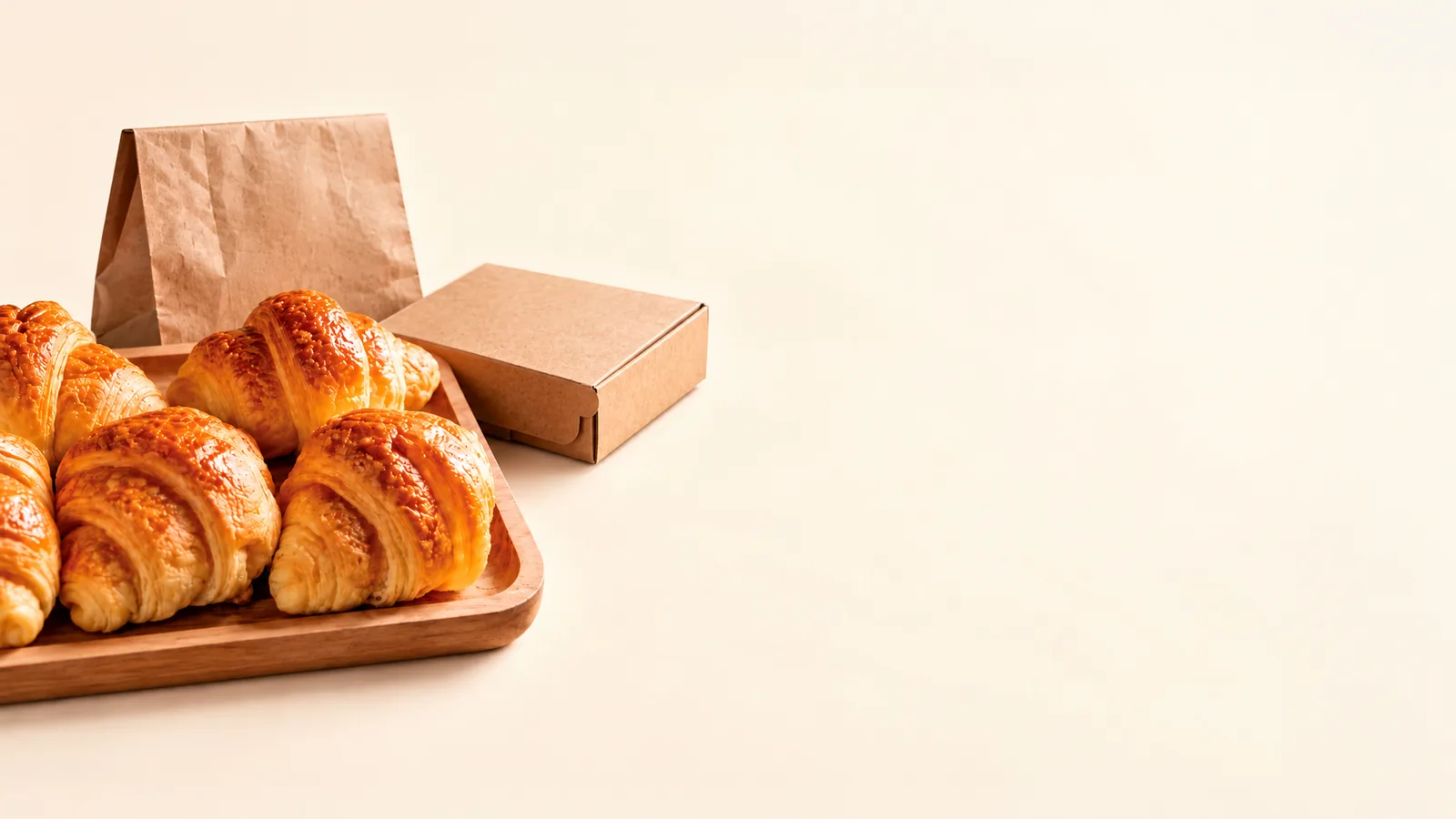 Croissants sur un plateau en bois avec un sac et une boîte en kraft : visuel du site Breizstore Emballages, fournisseur d’emballages alimentaires à Saint-Avé, conçu par l’agence web Dariona